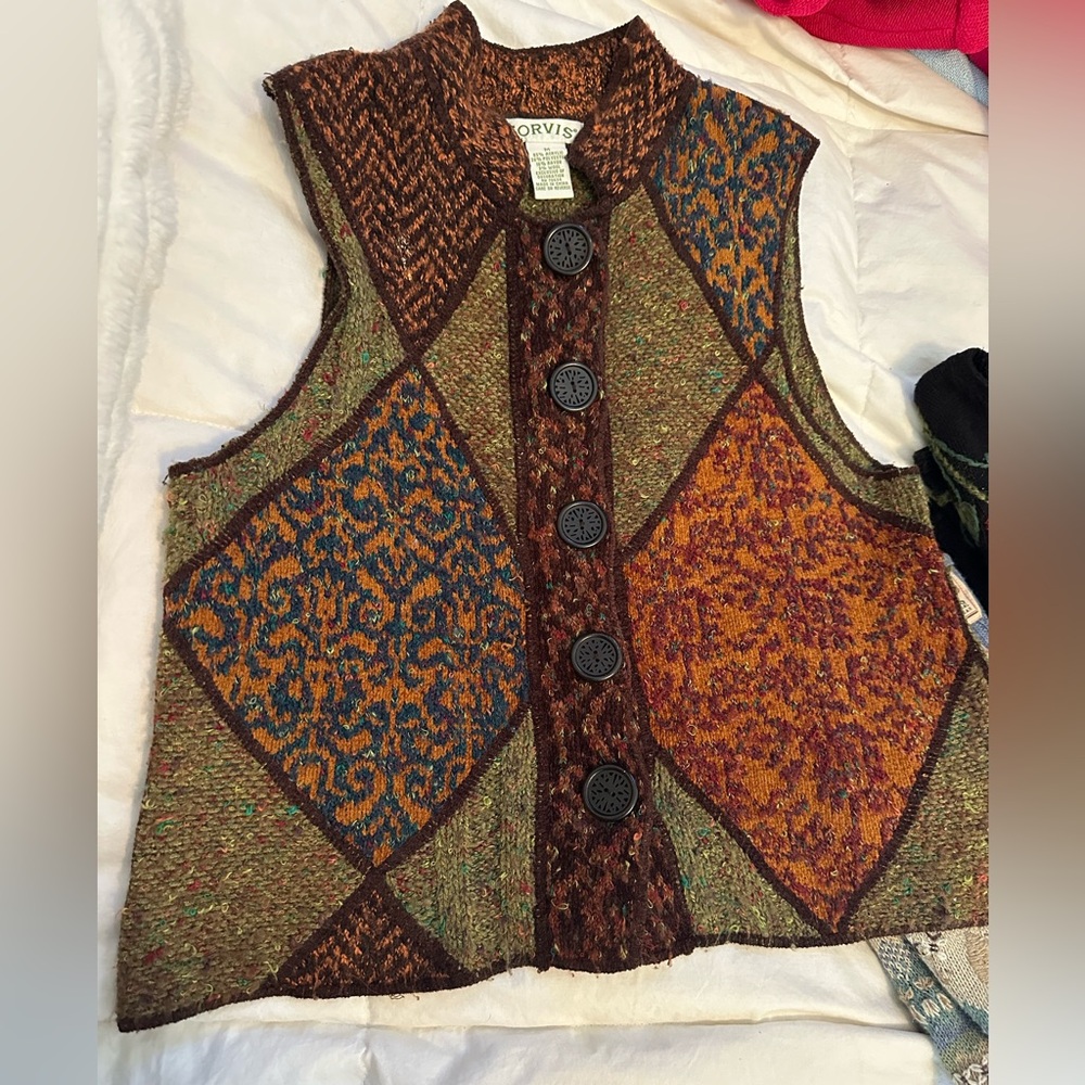 Patchwork Knit Button-Front Vest in Olive, Rust & Teal size M